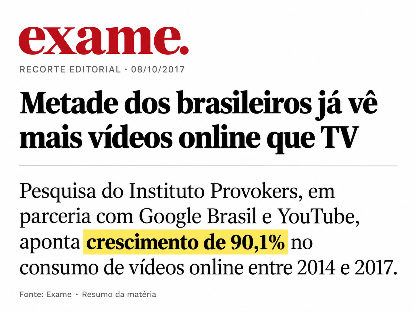 Recorte da matéria 'Metade dos brasileiros já vê mais vídeos online que TV', publicada na Exame em 08/10/2017