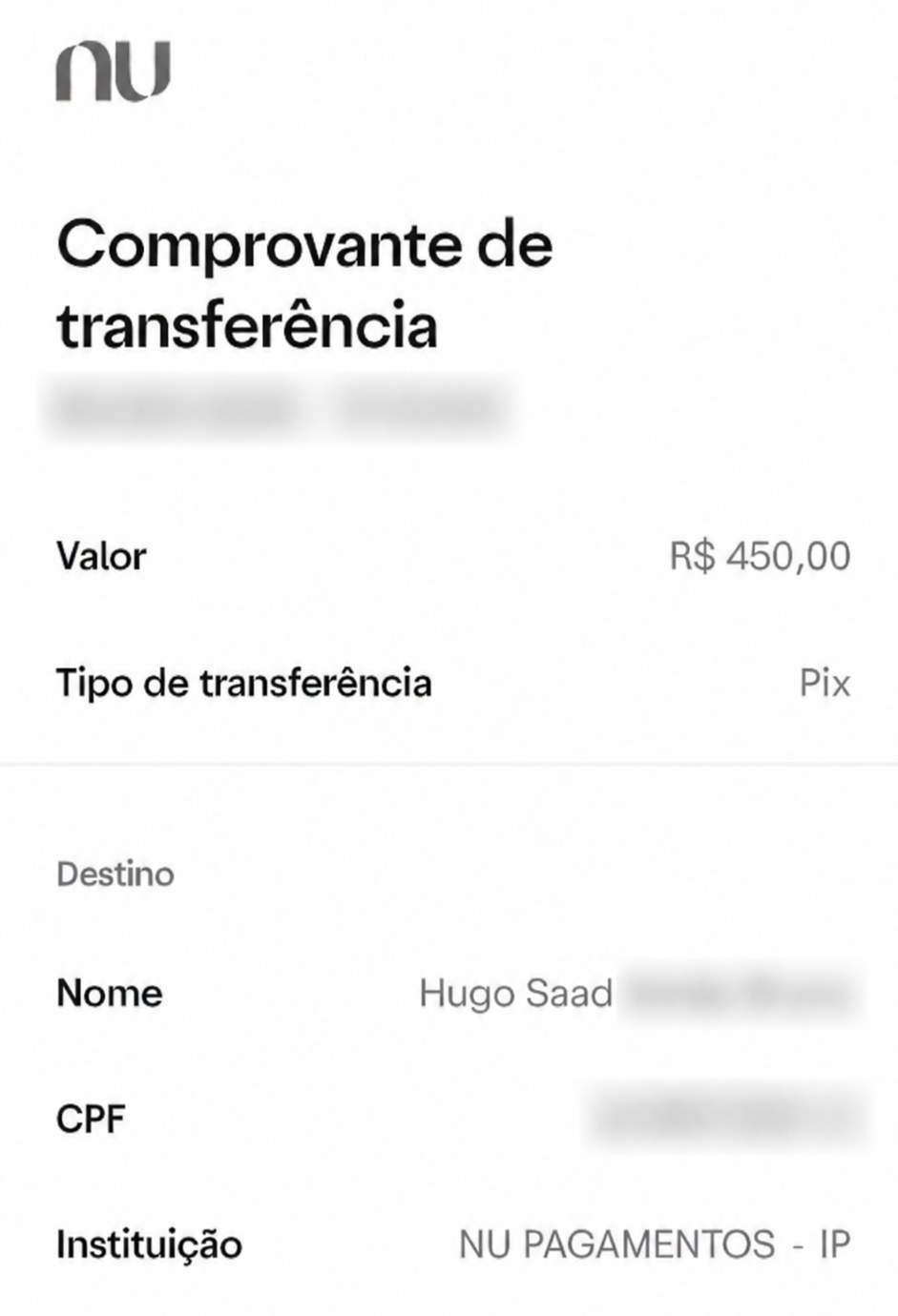 Comprovante de Pix de R$ 450,00 recebido por Hugo Saad. CPF e datas ocultos.