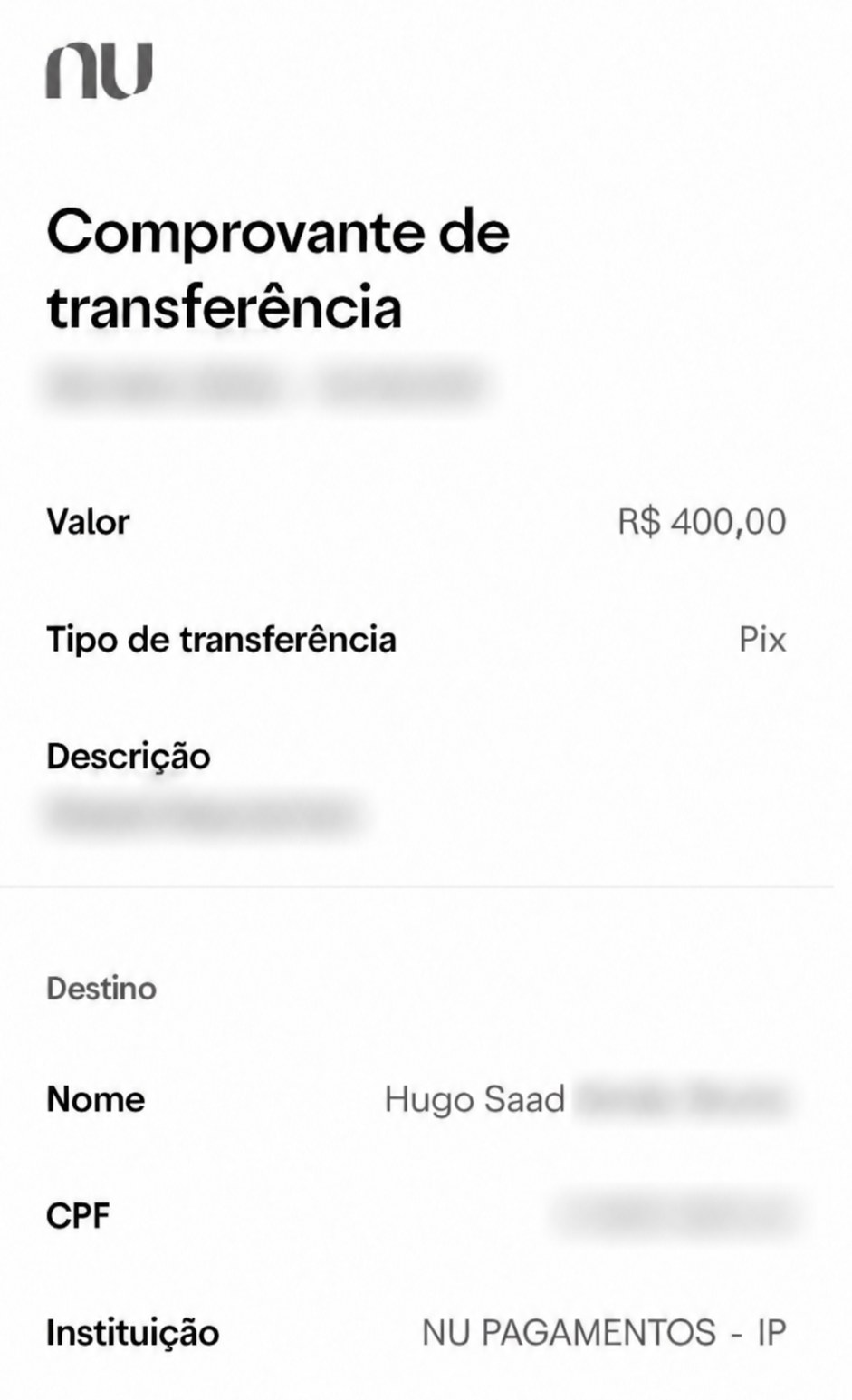 Comprovante de Pix de R$ 400,00 recebido por Hugo Saad. CPF, descrição e datas ocultos.