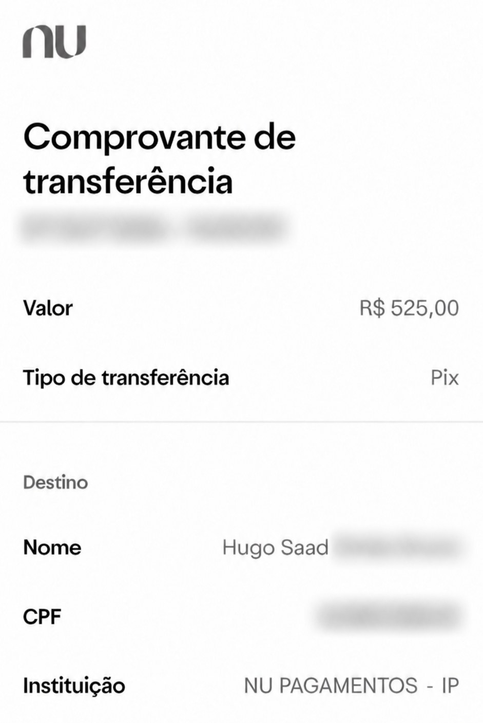 Comprovante de Pix de R$ 525,00 recebido por Hugo Saad. CPF e datas ocultos.